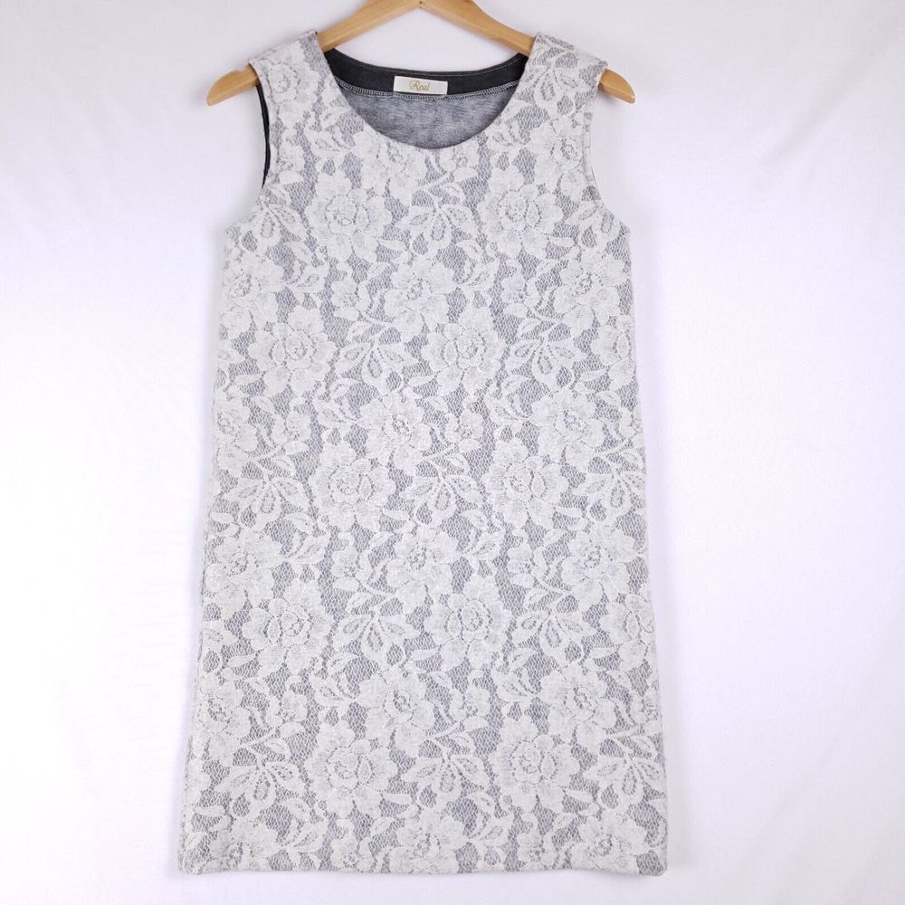 Real Lace Shift Dress Women Medium White Gray‎ Sleeveless Floral Overlay Casual